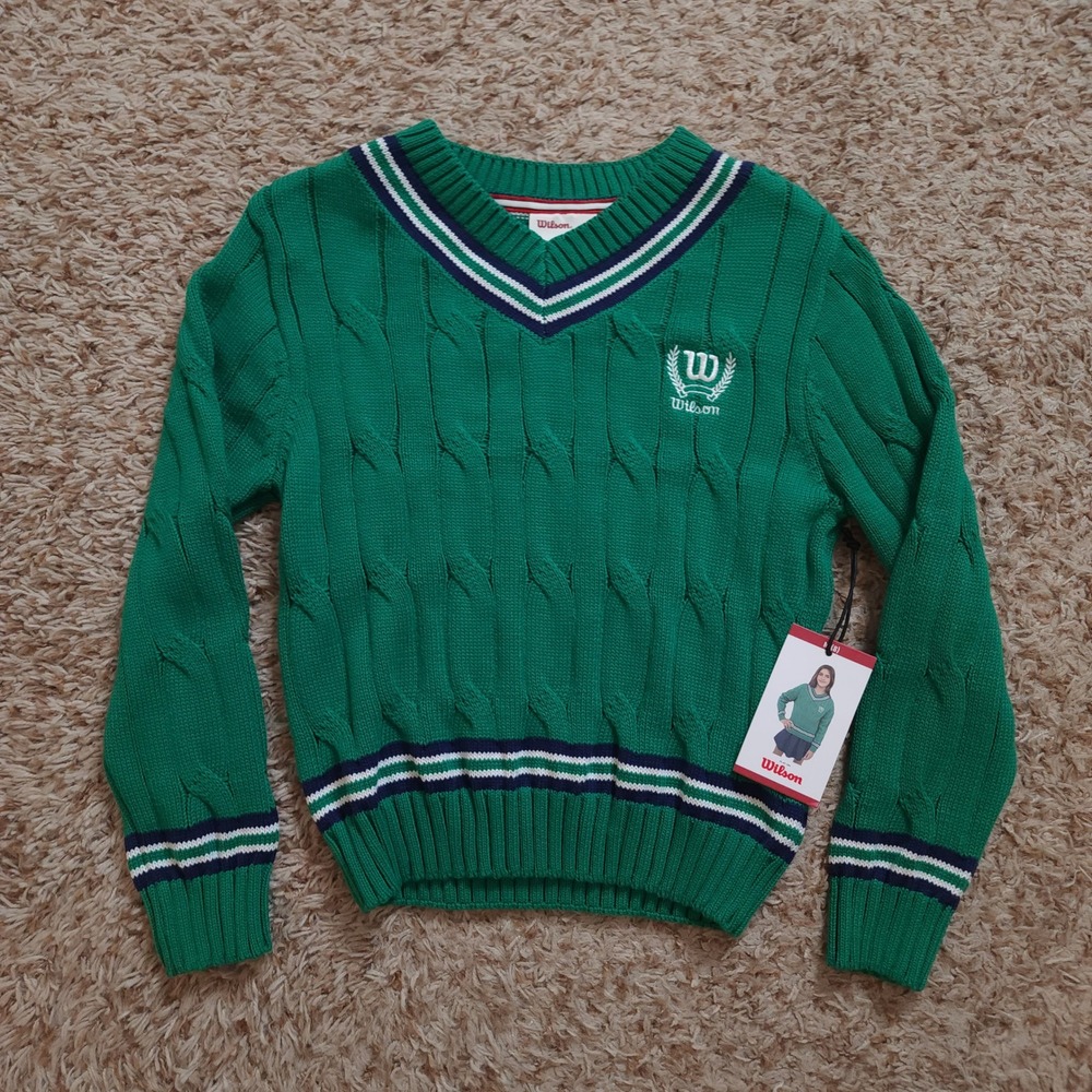 Wilson Cable Knit Sweater Kids Size M 8 Green V-Neck Striped Trim Logo
